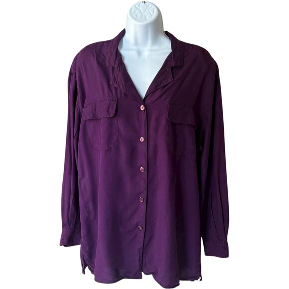 New Concepts 100% Silk Button Front Blouse Purple Camp Collar M Oversized 90s - Picture 1 of 5